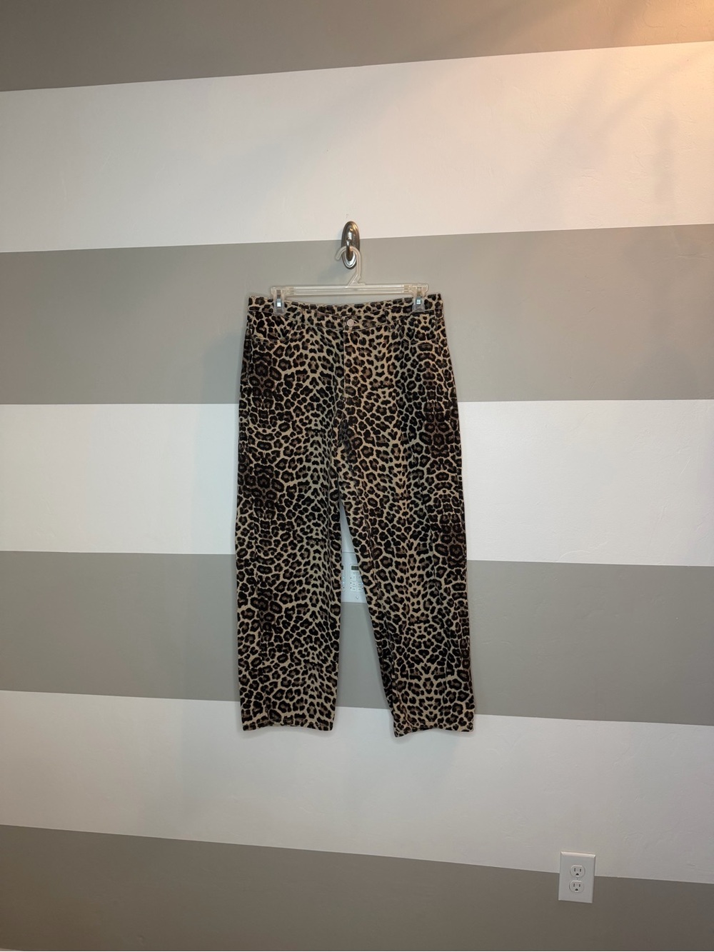 Women's Wide Leg Leopard Print denim Pants - Tan/Black sz lg